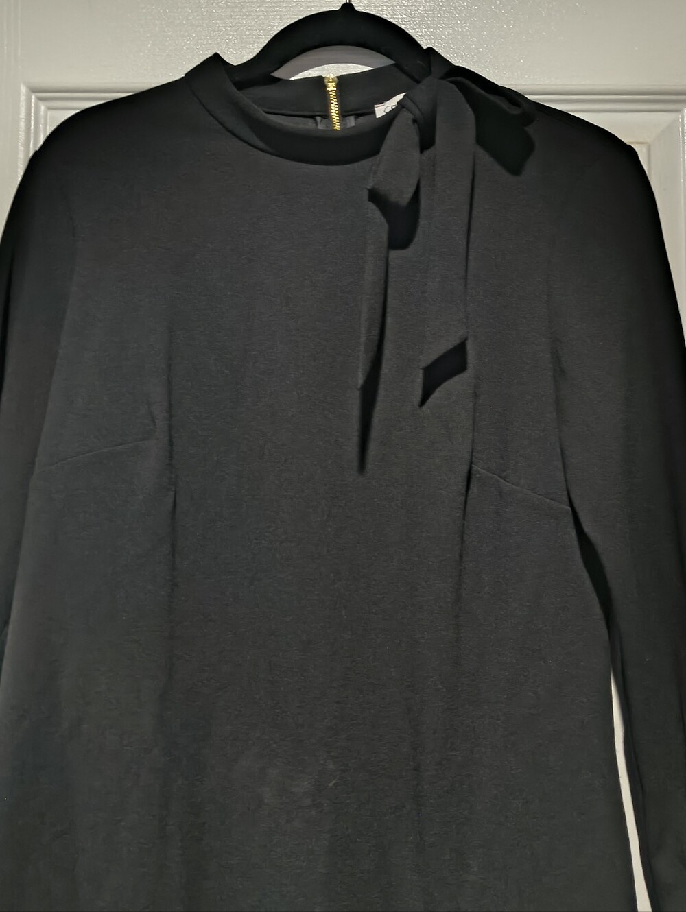 Calvin Klein Black Tie Neck Long Sleeve Sheath Dress Exposed Gold Zip Size 10 - Picture 5 of 13